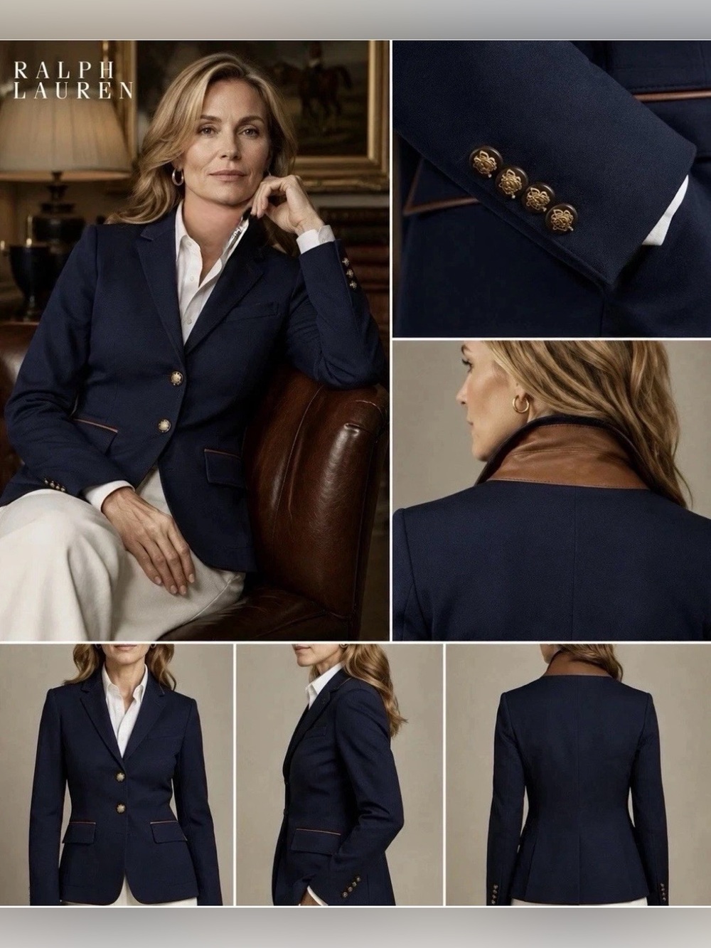 NWT Ralph Lauren Navy Blazer with Brown Leather like Collar Trim Sz 10